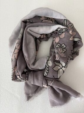 Soft Floral Scarf Wrap Grey Blush Lightweight Gauze Shawl Boho Feminine Romantic